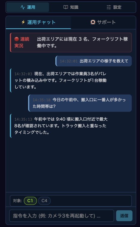 運用チャットで映像について質問し、AIが答えている画面